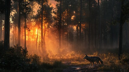 Majestic wolf stalking vibrant autumn forest surrounded glowing golden leaves under soft dramatic sunset light