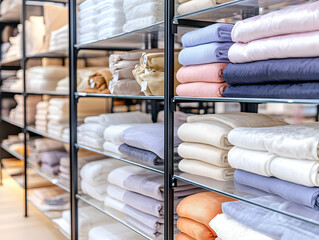 Fototapeta premium Stacks of Folded Bedding and Towels Displayed on Glass Shelves in a Retail Store