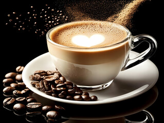 Aromatic Coffee with Heart-Shaped Foam Art Gracefully Sits on a Saucer with Coffee Beans Elegantly Scattered Around.
