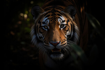 Fototapeta premium Majestic Bengal tiger close-up portrait on a dark background, realistic photography illustration in a low key style showcasing the beauty and power of this magnificent predator in its natural habitat.