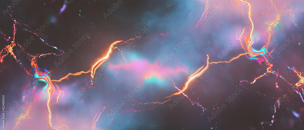 Poster lightning reflects on smoke with iridescent sheen and colorful highlights against a dark background