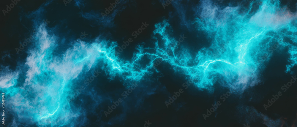 Poster Mesmerizing lightning pattern with blueish glow illuminating the dark background