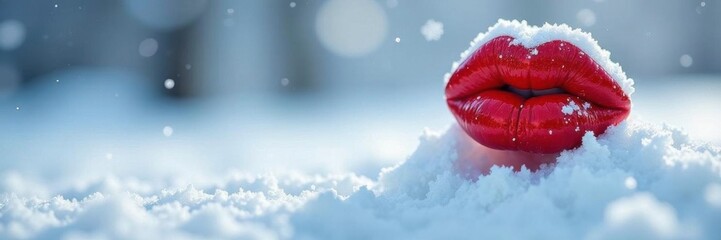 The only splash of color in an otherwise all white snow scene with bold lips, cold, icy