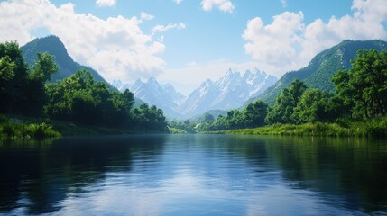 Serene Mountain River Landscape with Lush Greenery and Blue Sky