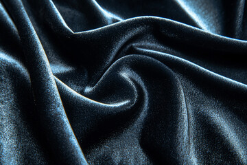 Obraz premium Close-up of luxurious dark blue satin fabric displaying intricate folds and textures, ideal for design