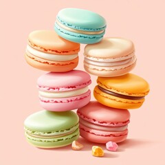 Fototapeta premium Colorful Macarons Stacked in a Creative Arrangement on Pastel Background Food-inspired digital art