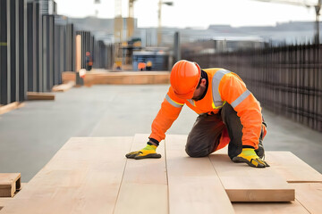 Construction Worker Examines Wooden Planks at Building Site with Blurred Background