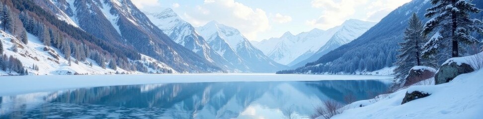 The Ossola Valley with a frozen lake and snow-covered mountains in the distance, snowy, nature