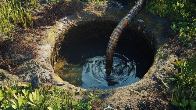 drainage pump pumps out sewage from a sewer well or pit with feces with a pipe, pumping water from a cesspool