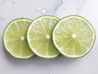 Three lime slices are on a table
