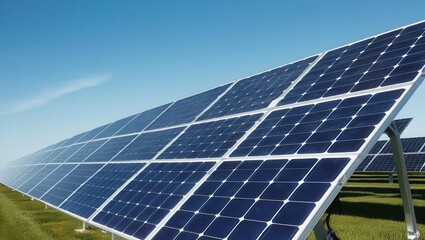 Solar panel installation renewable energy farm photovoltaic system clear sky wide angle view