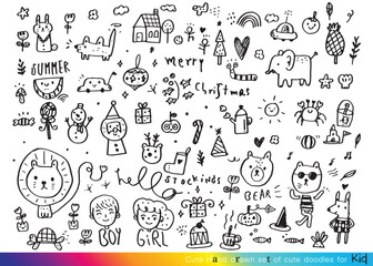 Vector illustration of Doodle cute for kid, Hand drawn set of cute doodles for decoration,Funny Doodle Hand Drawn, Summer, Doodle set of objects from a child's life,Cute animal