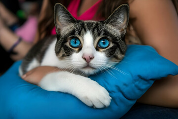 Adorable Cat with Bright Blue Eyes Relaxes on Blue Pillow, Held by a Person