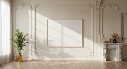 Elegant minimalist living room interior with blank canvas and natural lighting