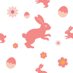 Seamless pattern of cute bunnies. Cute spring Easter rabbit with flower petals. Background texture for Easter and Baby greetings.