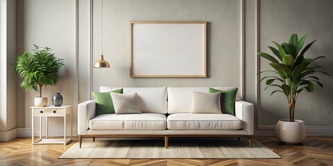 Modern Minimalist Living Room Interior: White Sofa, Poster Mockup, Macro Detail 3D Render