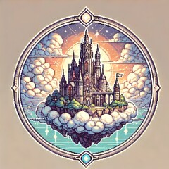 Obraz premium Pixel art illustration of a majestic floating castle suspended on a cloud island, surrounded by a glowing sky and a mystical fantasy atmosphere. 
