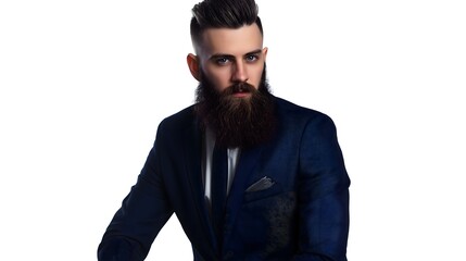 Fototapeta premium Bearded Man in a Formal Navy Blue Suit and Tie, Professional Look, Confident Businessman, Groomed Appearance, Business Attire, Isolated on White Background, Formal Portrait, Stylish Male