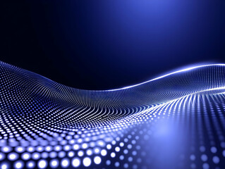 Abstract Blue Particle Wave Flows Smoothly Across a Dark Background with Glowing Dots.