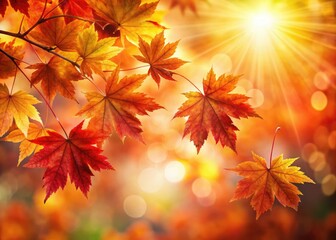 Obraz premium Vibrant autumn maple leaves bokeh, showcasing fall foliage's rich colors, expertly composed using the rule of thirds.