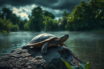 Obraz premium Turtle on rock by misty river under stormy sky