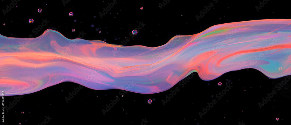 Poster Liquid bubbles create abstract patterns on a black background
