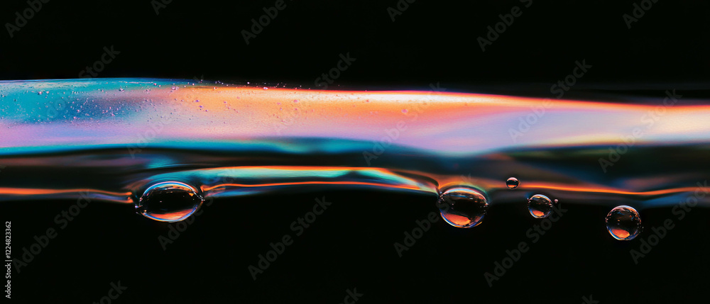 Poster liquid bubbles glimmering with reflections on a shiny surface against a black backdrop