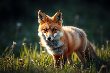 Fototapeta premium Red fox standing in meadow with focused gaze