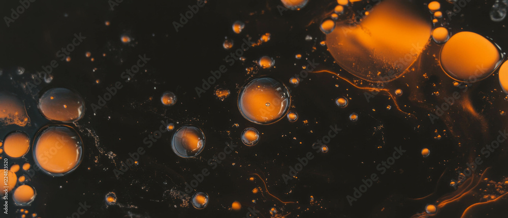 Aufkleber liquid bubbles with large orange spheres in viscous texture on dark background enhance visual appeal