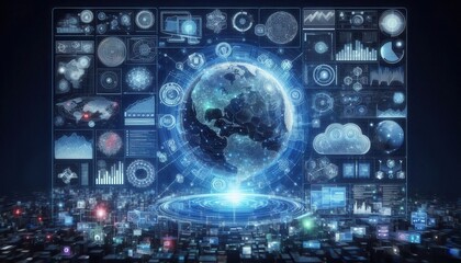 Obraz premium Exploring global data visualization digital world infographic presentation urban landscape
