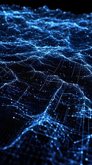 Obraz premium Abstract 3D Blue Network Landscape Forms a Digital Terrain with Glowing Nodes and Connections.