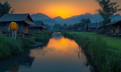 Obraz premium Sunset village, canal, mountain backdrop.