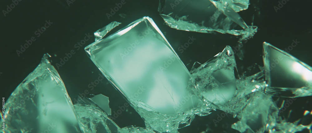 Poster macro view of broken glass highlighting intricate details on dark background