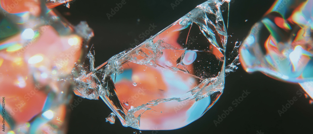 Poster Macro view of shattered glass displaying intricate details against a black background