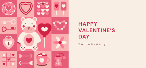 Geometric Banner template happy Valentines Day 14 february. Perfume bear donut gift lock keys simple shape. Trendy minimalist square mosaic design with icons for invitation, card, branding, cover