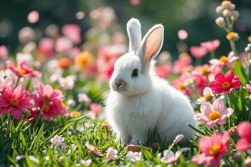 White rabbit sitting in a colorful flower garden in spring

