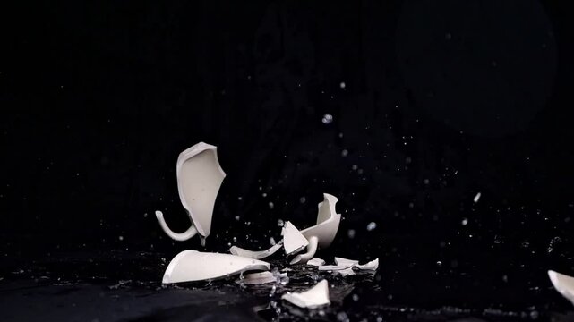 A bright mug falls and shatters on the floor in slow motion, with fragments scattering in all directions against a matte black background.