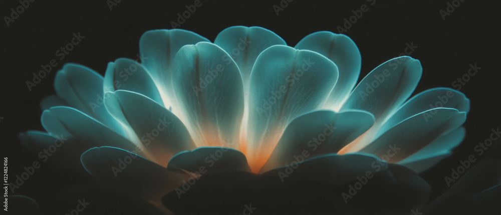 Poster macro close-up of vibrant flower petals with luminous details against a dark background
