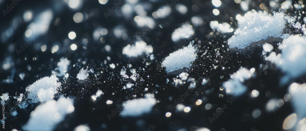 Poster glistening effect of melting snow on a wet surface against a dark background