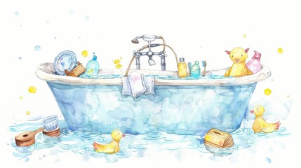 National Bath Safety Month Whimsical bathtub with rubber ducks and bath accessories