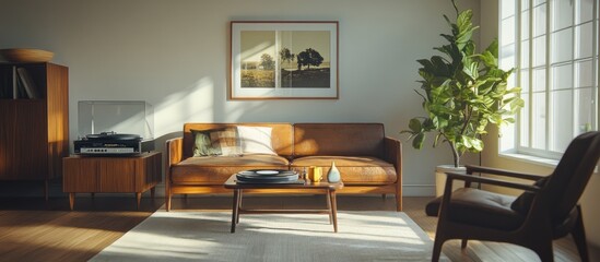 A cozy mid-century living room with a vintage record player and chic, minimalist furniture, natural light highlighting the sleek lines and calming ambiance of the space 