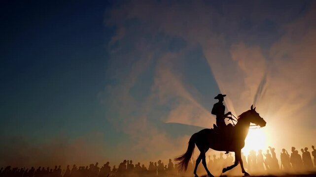Cowboy silhouetted against golden sunset, riding powerful stallion through dusty arena, cheering crowd witnessing dramatic western performance at rodeo event