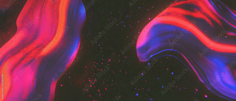 Poster vibrant neon abstract shapes with flowing curves on a dark background