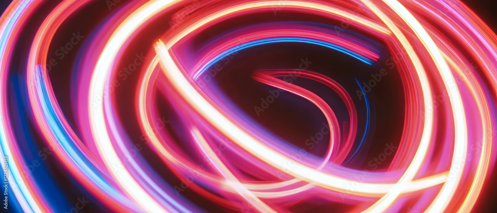 Poster vibrant neon circle loop glowing against a dark background with dynamic colors