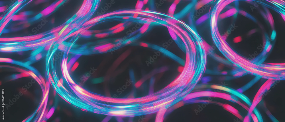 Poster Neon circles create vibrant loops on a black background in continuous motion