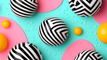 Colorful Geometric Composition with Black and White Patterned Spheres on Vibrant Backgrounds