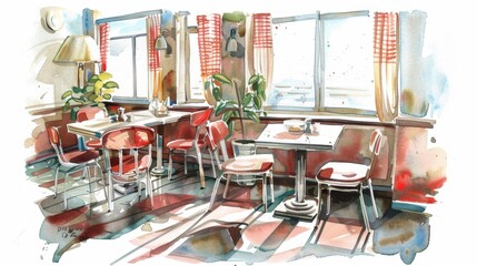 Solo Diners Eat Out Week Retro diner interior with red chairs and sunlit atmosphere in watercolor style