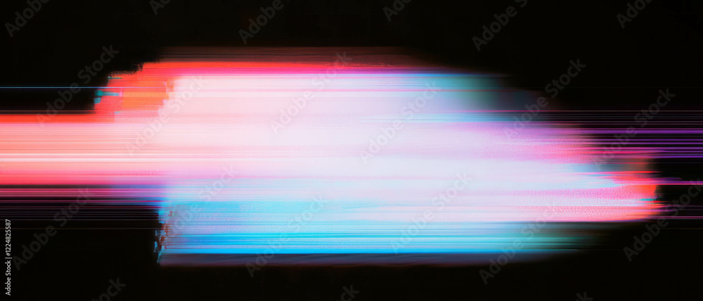 Poster vibrant neon glitch effect overlay with distorted lines on black background creating digital art