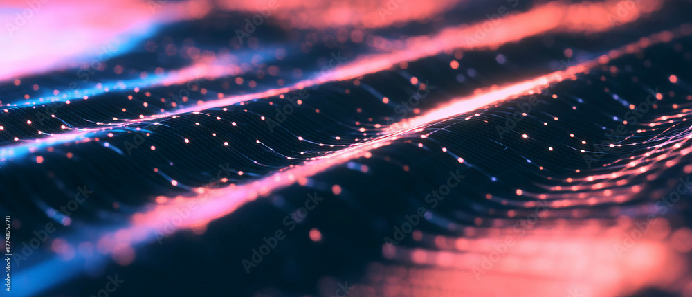 Poster Neon grid texture with glowing lines creating a vibrant pattern on a dark background