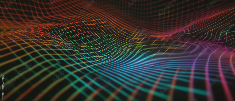 Poster Colorful neon grid overlay texture with glowing lines on a dark background